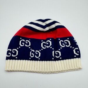 Gucci Cream Navy & Red GG Knit Beanie baby medium